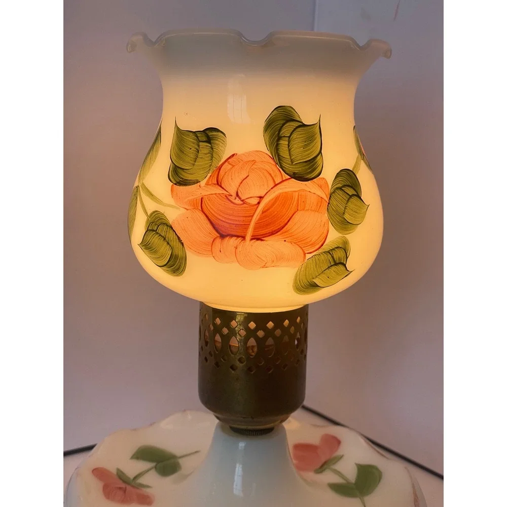 Vintage Milk Glass Hurricane Lamp Hand Painted Pink Roses Ruffled Boudoir Light